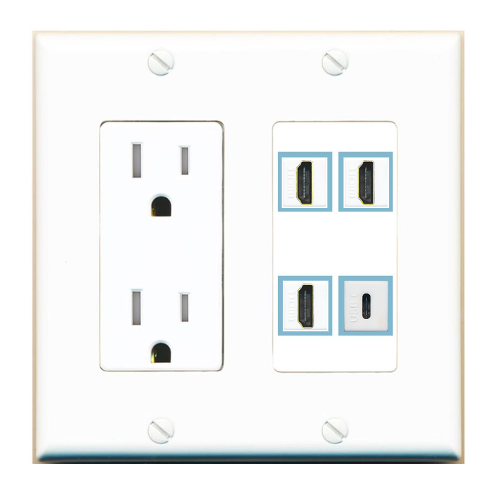 4 Port Custom Keystone Wall Plate with Tamper Resistant DecorZ Power Outlet