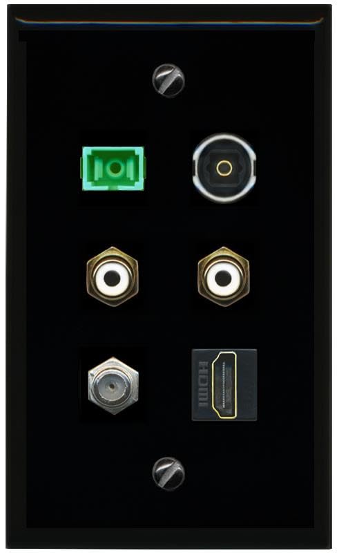 RiteAV Coax HDMI 2 RCA White SC APC Simplex Fiber TOSLINK Flat/Solid Wall Plate [Black]