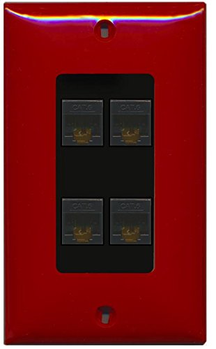 RiteAV - (1 Gang Decorative 4 Cat6 Black Wall Plate Red (Black Insert)