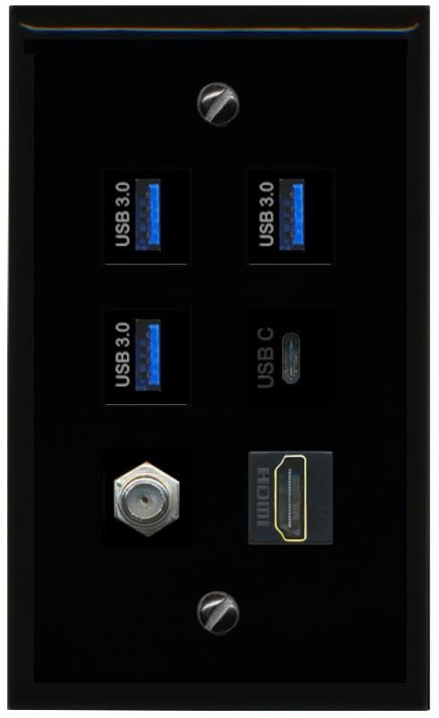 RiteAV COAX HDMI 3 USB 3 USBC Flat/Solid Wall Plate [Black]