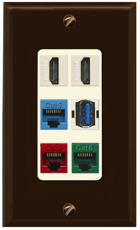 RiteAV 2 HDMI 3 Cat6 Ethernet USB3 Mixed Color Wall Plate - 1 Gang [Brown/Light-Almond]