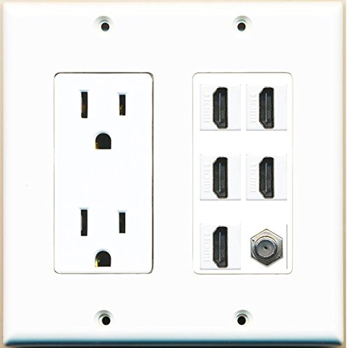 RiteAV - (2 Gang Decorative 15A Power Outlet 5 HDMI Coax Cable TV Wall Plate White
