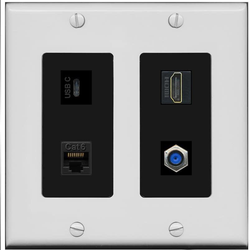 RiteAV USBC HDMI Cat6 Coax F81 Wall Plate - 2 Gang [Gray/Black]