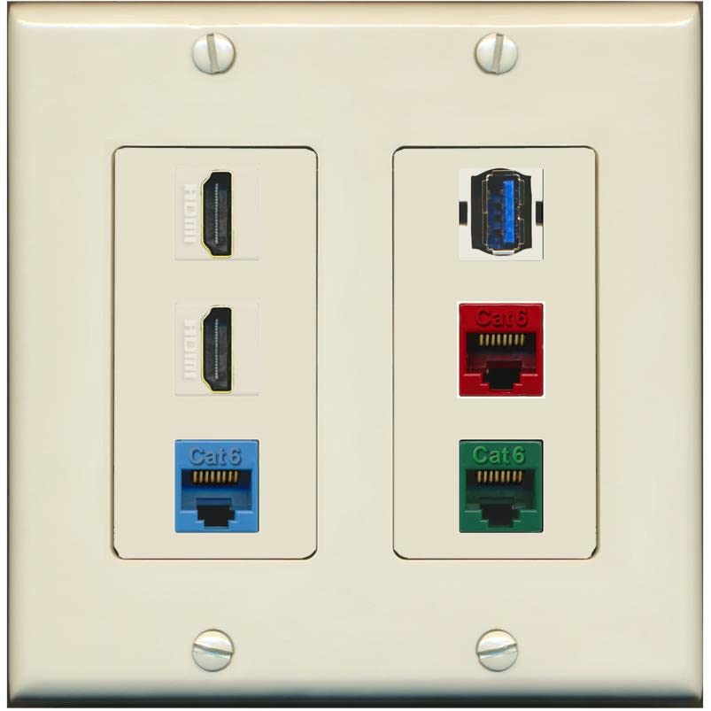 RiteAV 2 HDMI 3 Cat6 Ethernet USB3 Mixed Color Wall Plate - 2 Gang [Light-Almond]