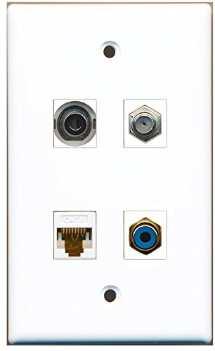 RiteAV - 1 Port RCA Blue 1 Port Coax Cable TV- F-Type 1 Port 3.5mm 1 Port Cat6 Ethernet White Wall Plate