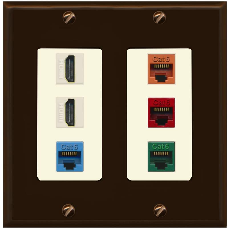 RiteAV 2 HDMI 4 Cat6 Ethernet Mixed Color Wall Plate - 2 Gang [Brown/Light-Almond]