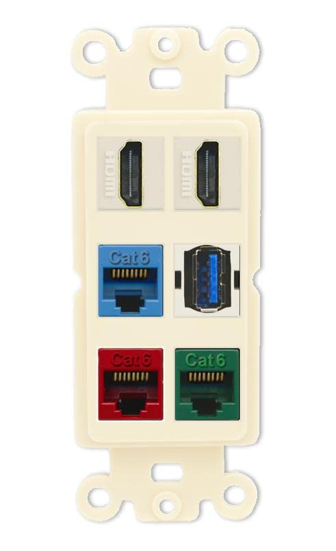 RiteAV 2 HDMI 3 Cat6 Ethernet USB3 Mixed Color Wall Plate - Rocker [Light-Almond]
