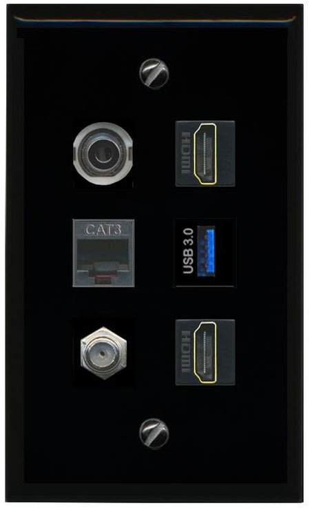 RiteAV 3.5mm Coax 2 HDMI Phone USB 3 Flat/Solid Wall Plate [Black]