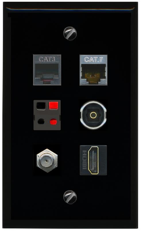 RiteAV CAT7 COAX HDMI PHONE SPEAKER TOSLINK Flat/Solid Wall Plate [Black]