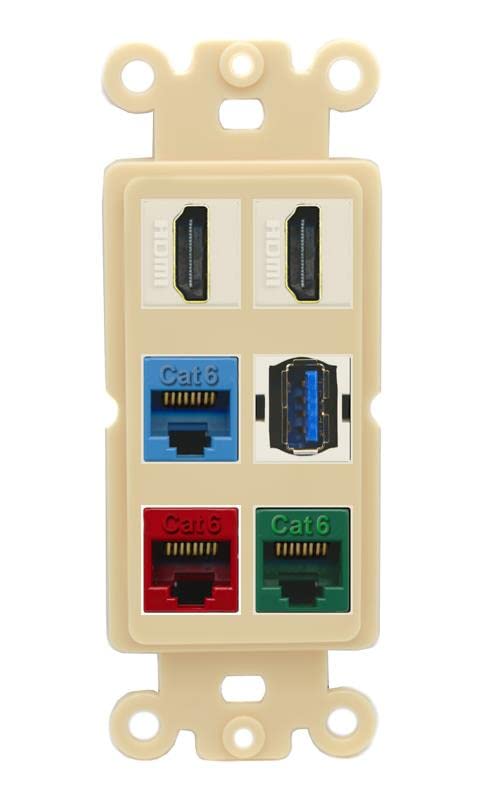 RiteAV 2 HDMI 3 Cat6 Ethernet USB3 Mixed Color Wall Plate - Rocker [Ivory/Ivory]