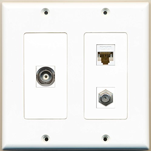 RiteAV - 1 Port Coax Cable TV- F-Type 1 Port BNC 1 Port Cat6 Ethernet White - 2 Gang Wall Plate
