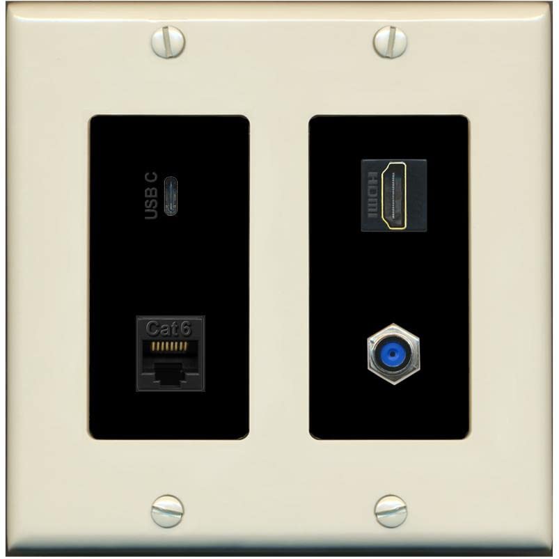 RiteAV USBC HDMI Cat6 Coax F81 Wall Plate - 2 Gang [Light-Almond/Black]