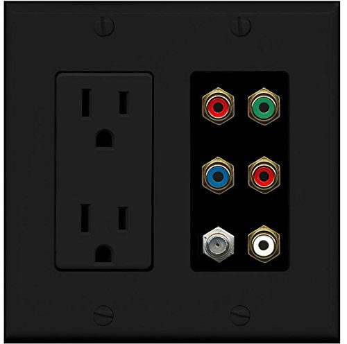 RiteAV 15A Power Outlet 2 RCA Red RCA White-Green-Blue Coax Wall Plate Black