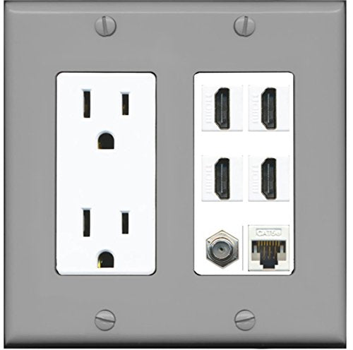 RiteAV 4 Port HDMI 1 Coax Cable TV- F-Type 1 Cat5E Ethernet Wall Plate - Outlet [Gray/White]