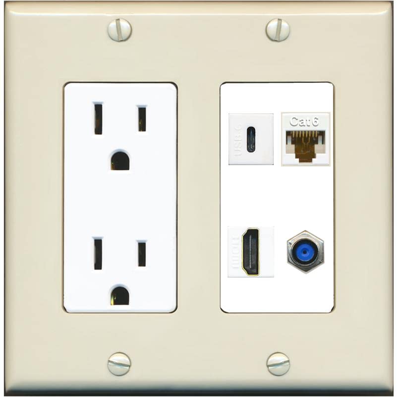 RiteAV USBC HDMI Cat6 Coax F81 Wall Plate - Outlet [Light-Almond/White]