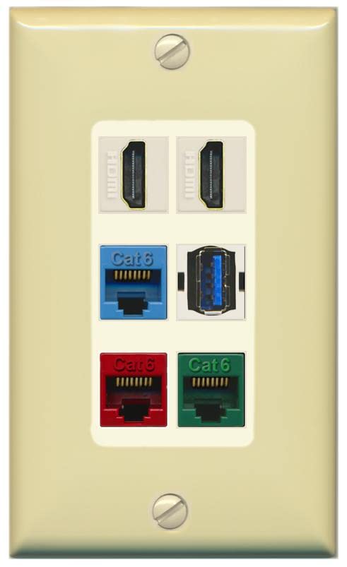 RiteAV 2 HDMI 3 Cat6 Ethernet USB3 Mixed Color Wall Plate - 1 Gang [Ivory/Light-Almond]