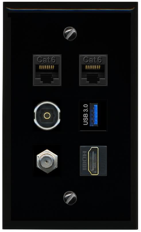 RiteAV 2 CAT6 Coax HDMI TOSLINK USB 3 Flat/Solid Wall Plate [Black]