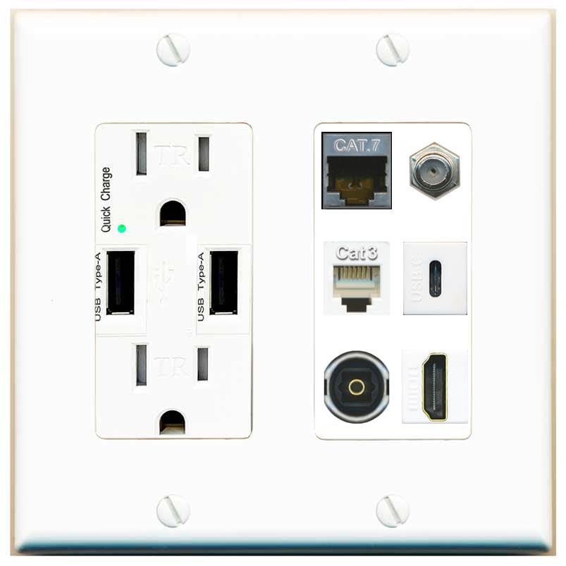 CAT7 COAX HDMI PHONE TOSLINK USBC Wall Plate-USB Charger White