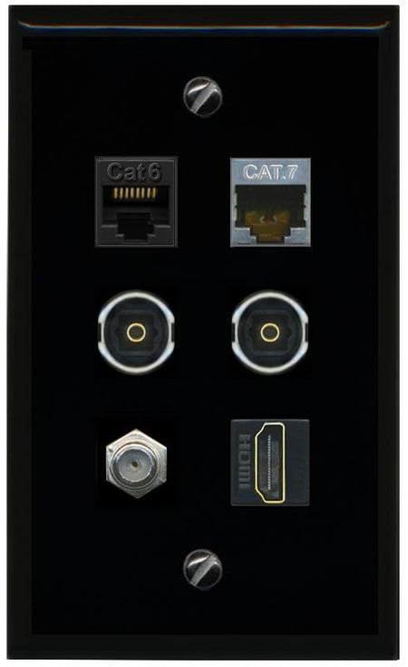 RiteAV CAT6 CAT7 Coax HDMI 2 TOSLINK Flat/Solid Wall Plate [Black]