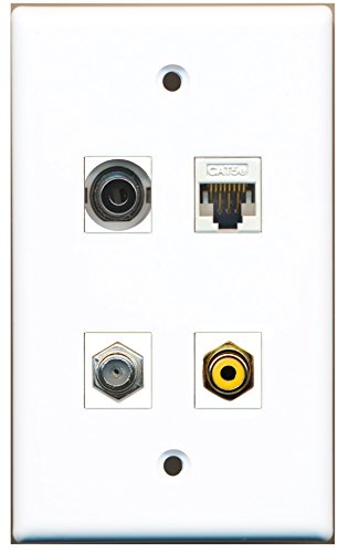 RiteAV - 1 Port RCA Yellow 1 Port Coax Cable TV- F-Type 1 Port 3.5mm 1 Port Cat5e Ethernet White Wall Plate