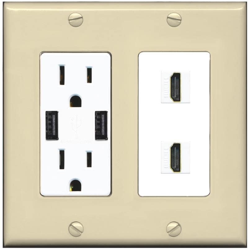 RiteAV HDMI Wall Plate 2 Port - USB Charger [Ivory/White]