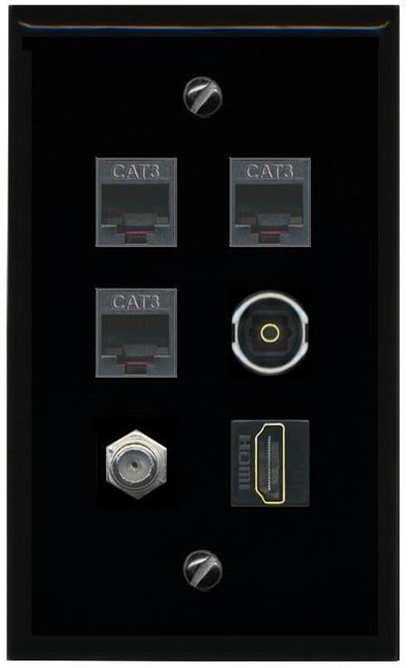 RiteAV Coax HDMI 3 Phone TOSLINK Flat/Solid Wall Plate [Black]