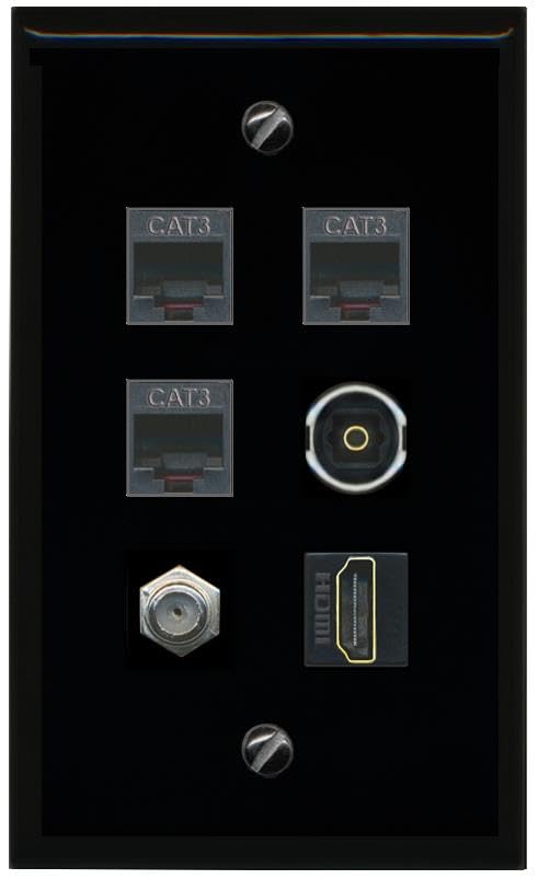 RiteAV Coax HDMI 3 Phone TOSLINK Flat/Solid Wall Plate [Black]