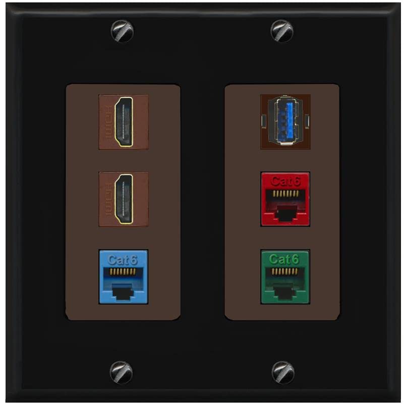 RiteAV 2 HDMI 3 Cat6 Ethernet USB3 Mixed Color Wall Plate - 2 Gang [Black/Brown]
