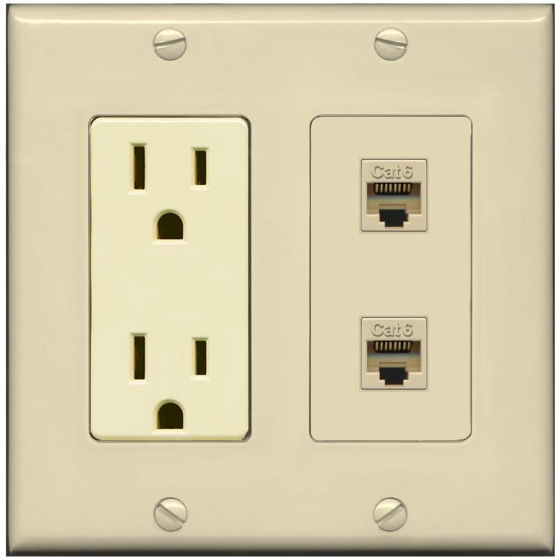 RiteAV 2 Port Cat6 Ethernet Wall Plate - Outlet [Ivory/Ivory]