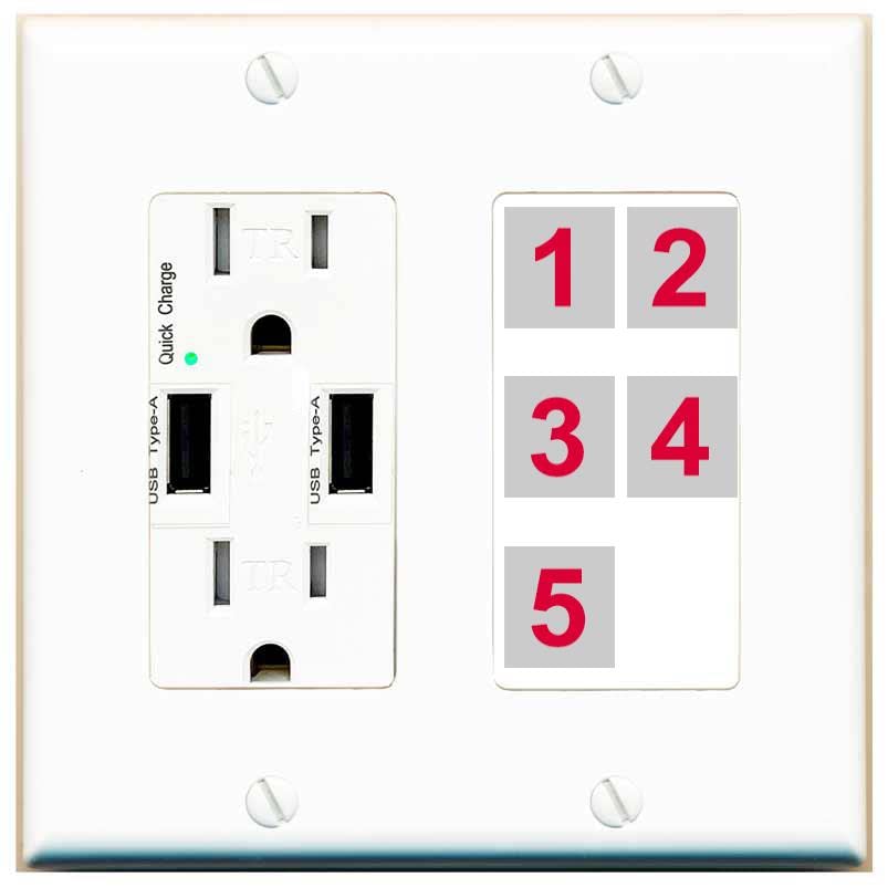 RiteAV Custom Wall Plate 5 Port - USB Charger [White/White]