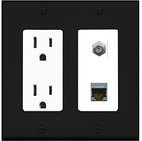 RiteAV - 15 Amp Power Outlet 1 Port Coax Cable TV- F-Type and Shielded Cat6 Ethernet Wall Plate - Black/White