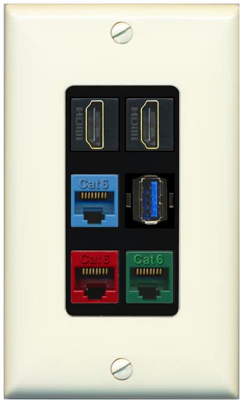 RiteAV 2 HDMI 3 Cat6 Ethernet USB3 Mixed Color Wall Plate - 1 Gang [Light-Almond/Black]