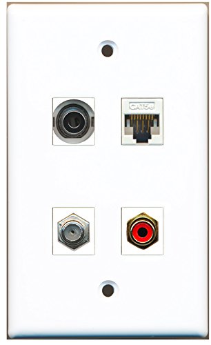 RiteAV - 1 Port RCA Red 1 Port Coax Cable TV- F-Type 1 Port 3.5mm 1 Port Cat5e Ethernet White Wall Plate