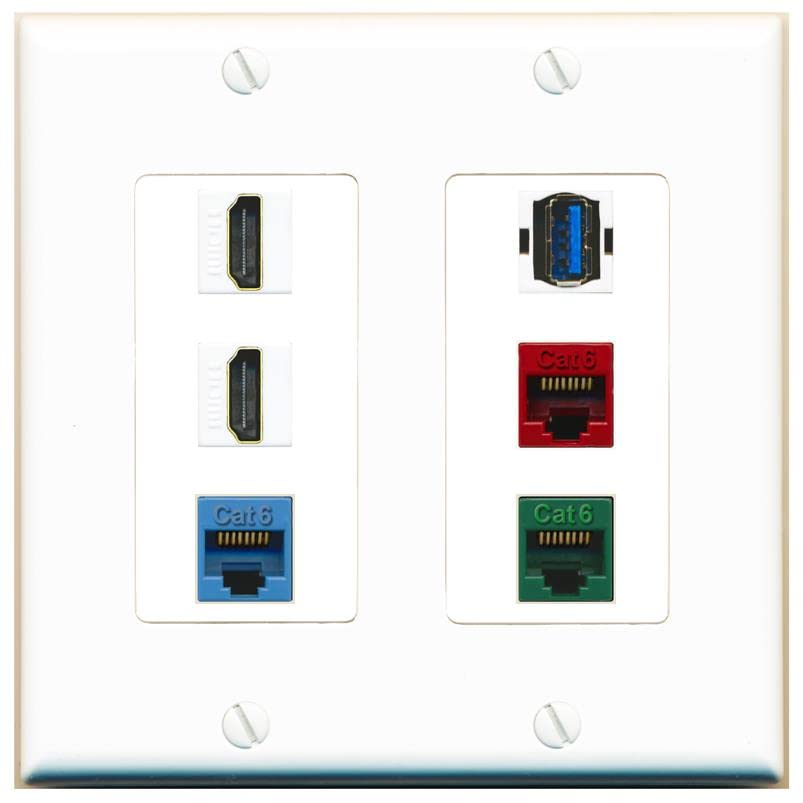 RiteAV 2 HDMI 3 Cat6 Ethernet USB3 Mixed Color Wall Plate - 2 Gang [White/White]