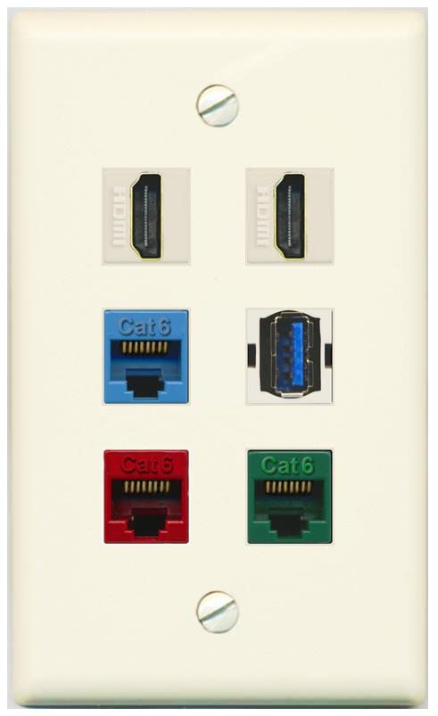 RiteAV 2 HDMI 3 Cat6 Ethernet USB3 Mixed Color Wall Plate - Flat [Light-Almond]