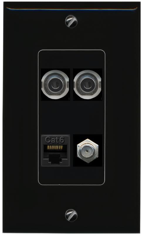 RiteAV 2 3.5mm CAT6 COAX Wall Plate Decorative [Black]