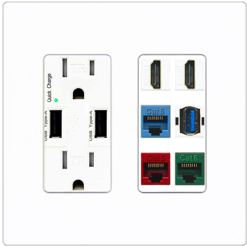 RiteAV 2 HDMI 3 Cat6 Ethernet USB3 Mixed Color Wall Plate - USB Charger [Screwless White]