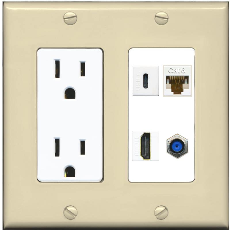 RiteAV USBC HDMI Cat6 Coax F81 Wall Plate - Outlet [Ivory/White]