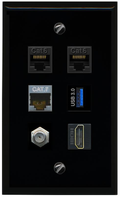 RiteAV 2 CAT6 CAT7 Coax HDMI USB 3 Flat/Solid Wall Plate [Black]