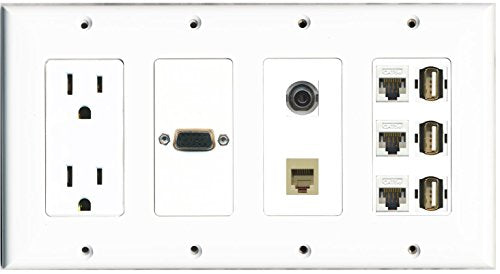 RiteAV - (4 Gang 15A Power Outlet Svga 3 Cat5e + 3 USB 3.5mm Rj11-12 Phone Wall Plate