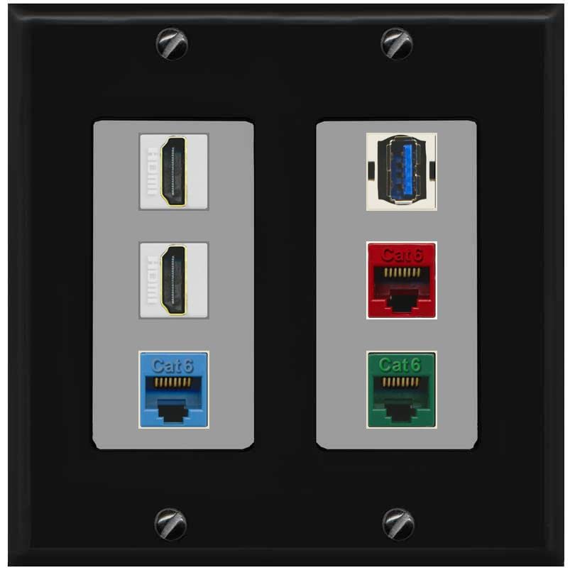 RiteAV 2 HDMI 3 Cat6 Ethernet USB3 Mixed Color Wall Plate - 2 Gang [Black/Gray]