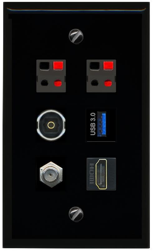 RiteAV COAX HDMI 2 SPEAKER TOSLINK USB 3 Flat/Solid Wall Plate [Black]