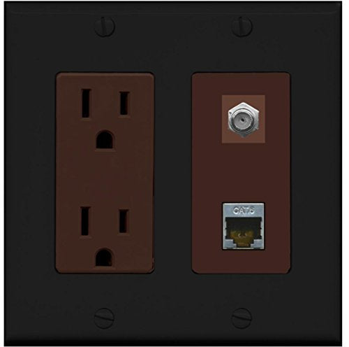 RiteAV - 15 Amp Power Outlet 1 Port Coax Cable TV- F-Type and Shielded Cat6 Ethernet Wall Plate - Black/Brown