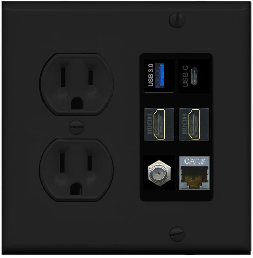 RiteAV USB 3 USB C 2 HDMI Coax Cat7 Wall Plate - Round Outlet [Black/Black]