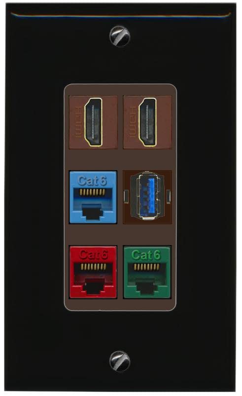 RiteAV 2 HDMI 3 Cat6 Ethernet USB3 Mixed Color Wall Plate - 1 Gang [Black/Brown]