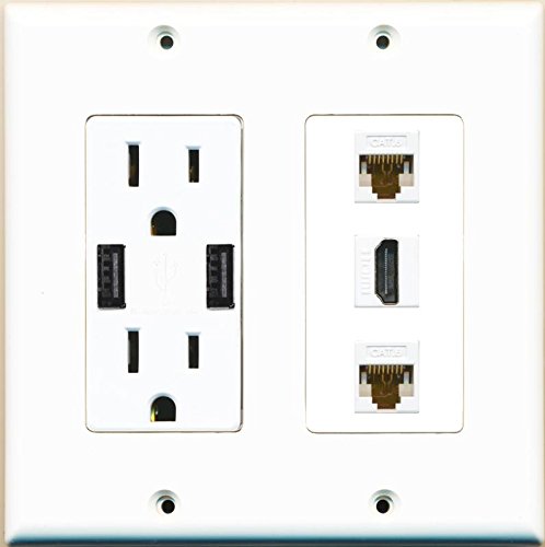 RiteAV Power Outlet 2 USB Charger HDMI White 2 Cat6 Wall Plate White