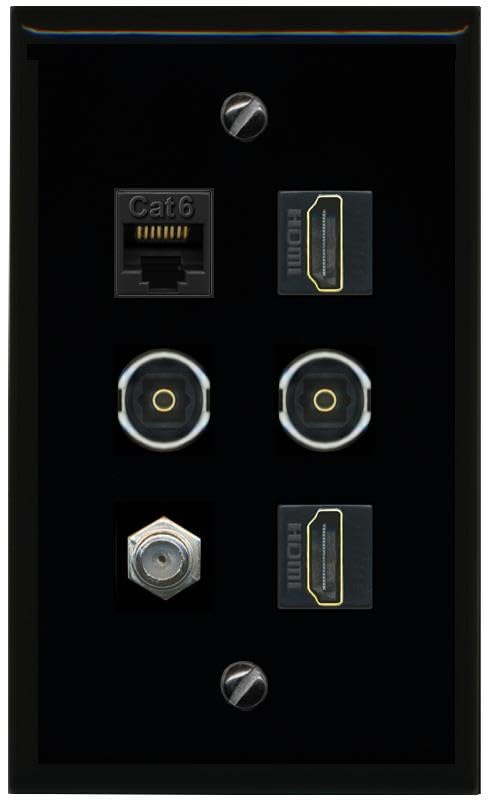 RiteAV CAT6 Coax 2 HDMI 2 TOSLINK Flat/Solid Wall Plate [Black]