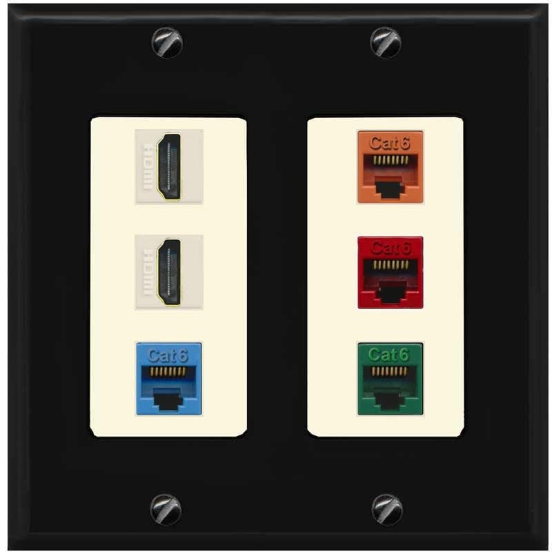 RiteAV 2 HDMI 4 Cat6 Ethernet Mixed Color Wall Plate - 2 Gang [Black/Light-Almond]