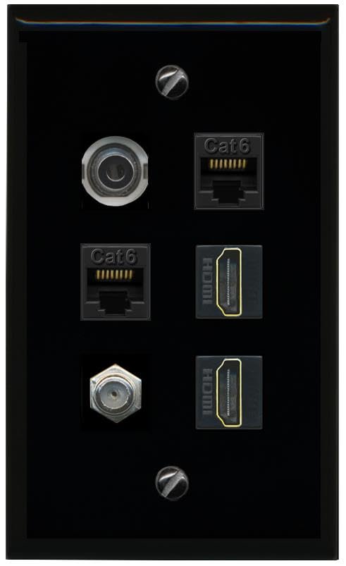 RiteAV 3.5mm 2 CAT6 COAX 2 HDMI Flat/Solid Wall Plate [Black]