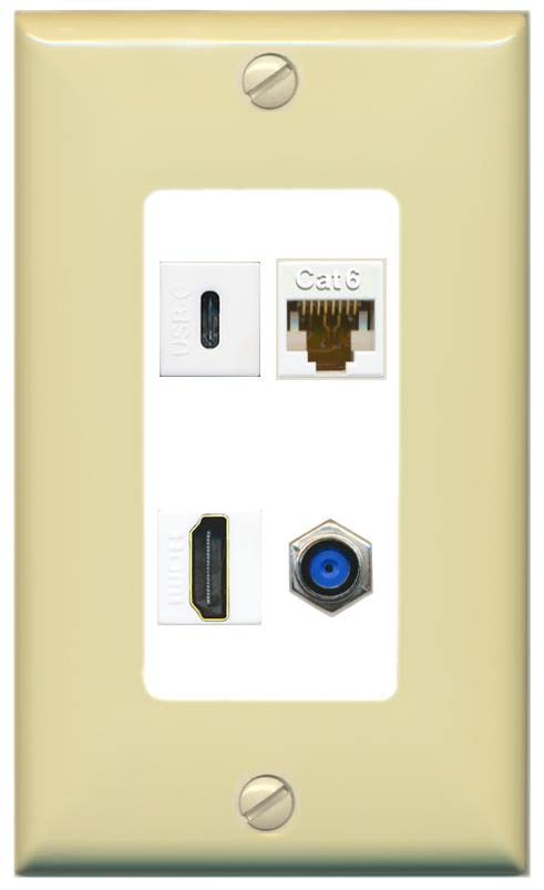 RiteAV USBC HDMI Cat6 Coax F81 Wall Plate - 1 Gang [Ivory/White]